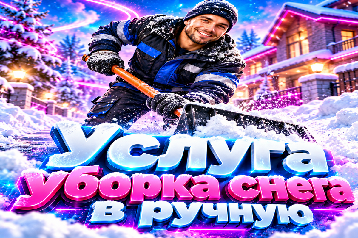 Рабочий убирает снег лопатой
