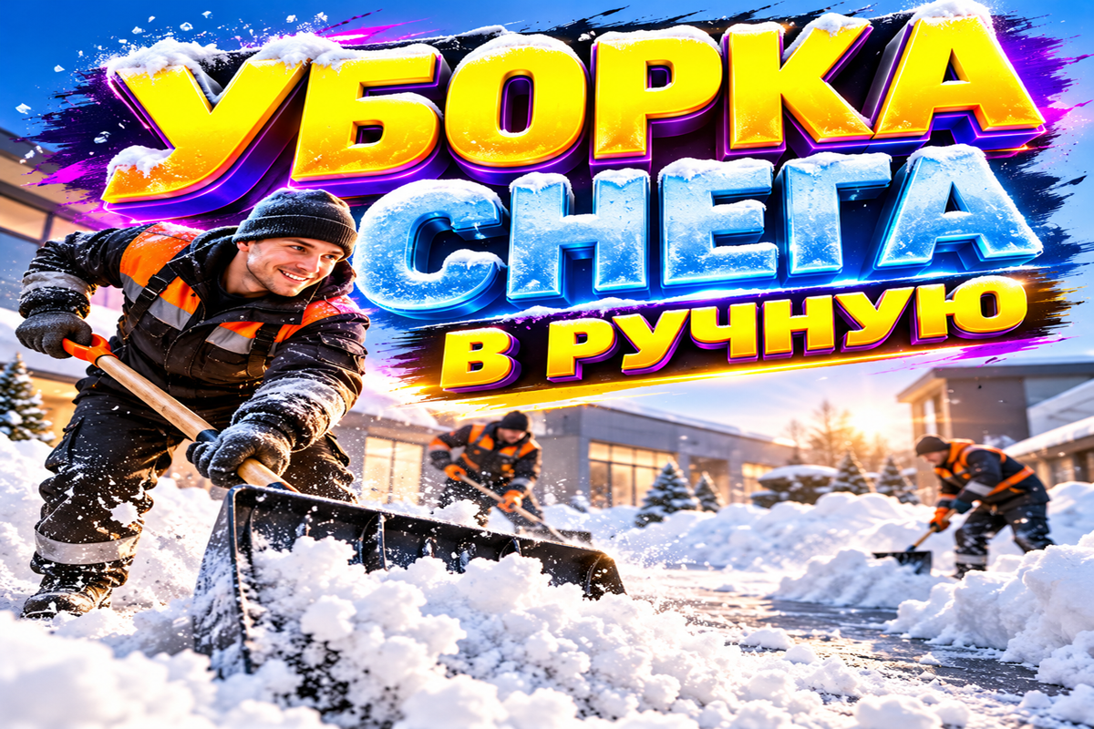 Рабочий убирает снег лопатой